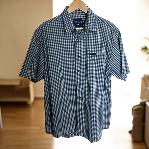 Nautica Jeans Short Sleeve Blue/Grey Gingham Print Button-Down - Picture 1 of 6